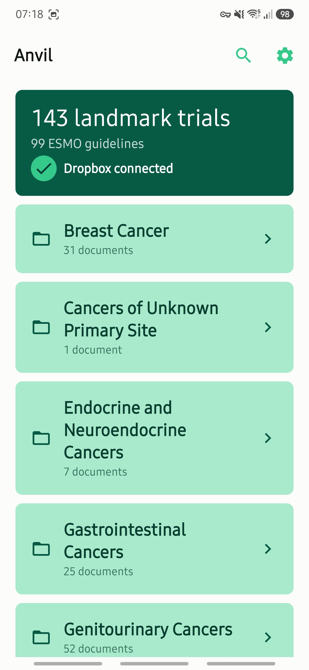 Anvil home screen showing library totals and Dropbox status