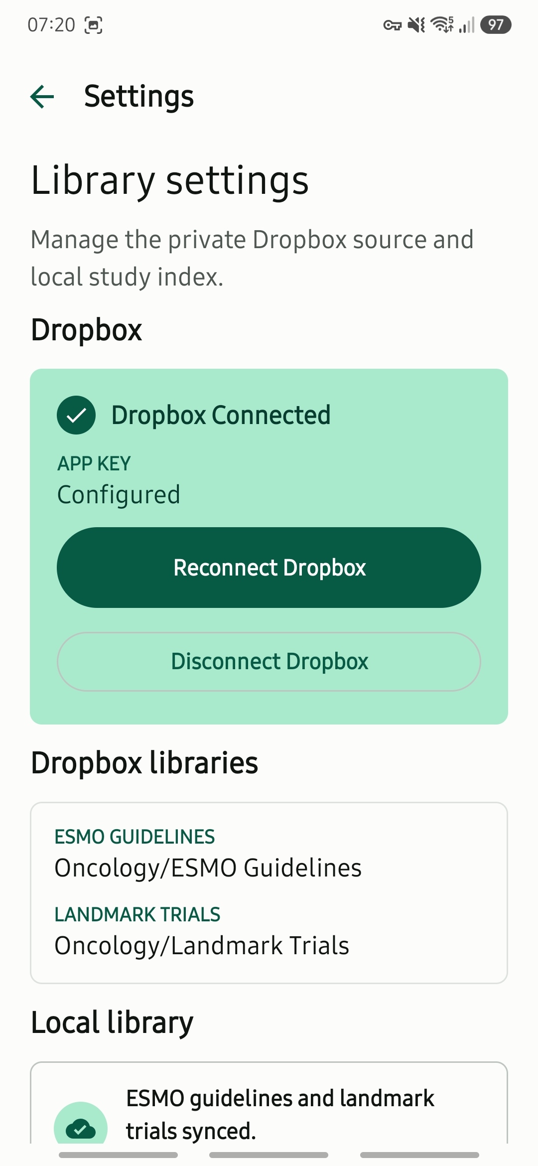 Settings showing Dropbox and local-cache information