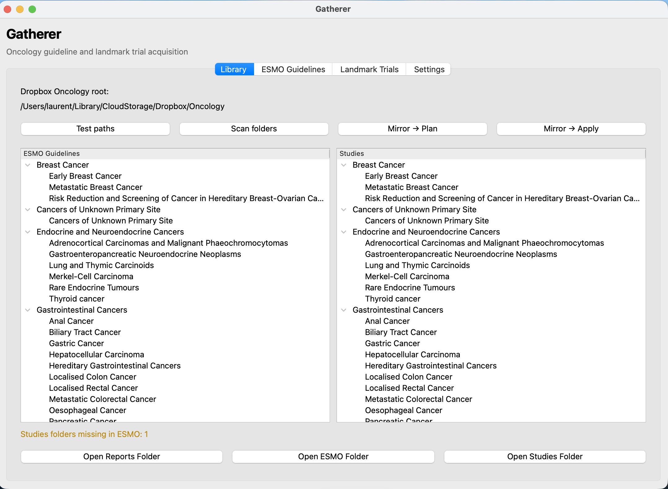 Gatherer Library tab showing the mirrored ESMO folder tree