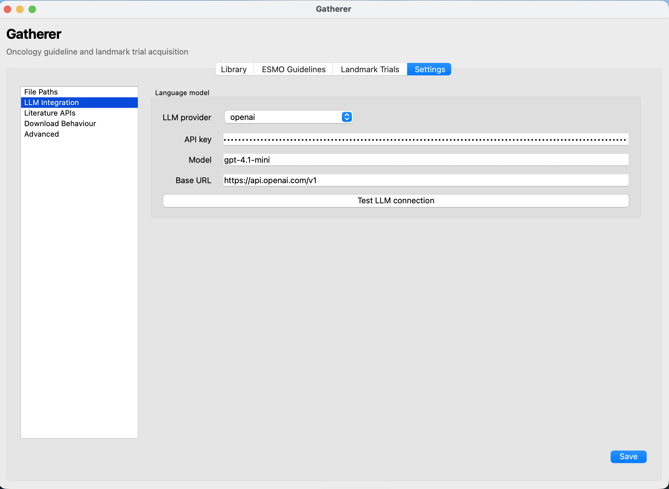 Settings: LLM provider configuration