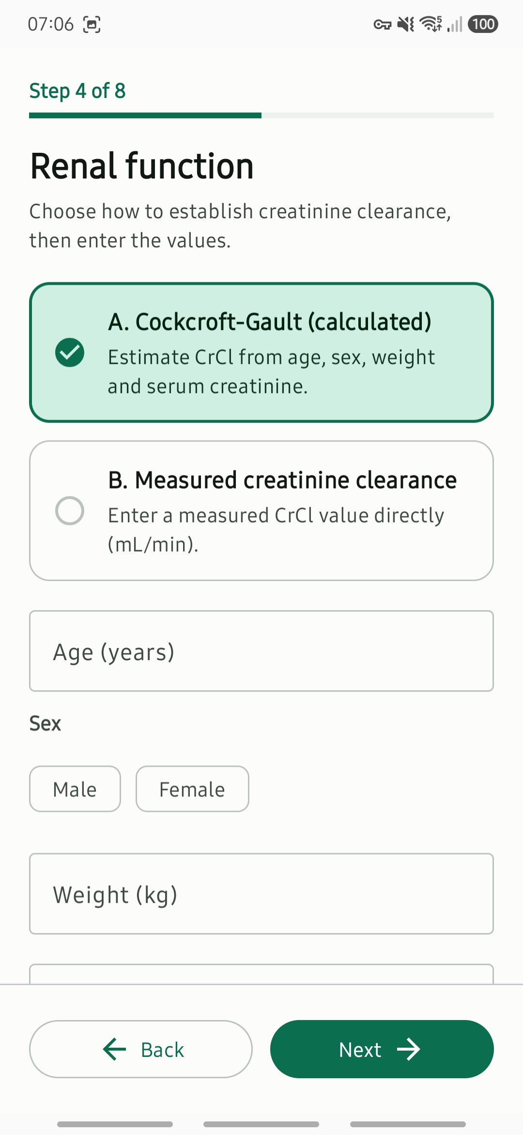 Renal calculator screen
