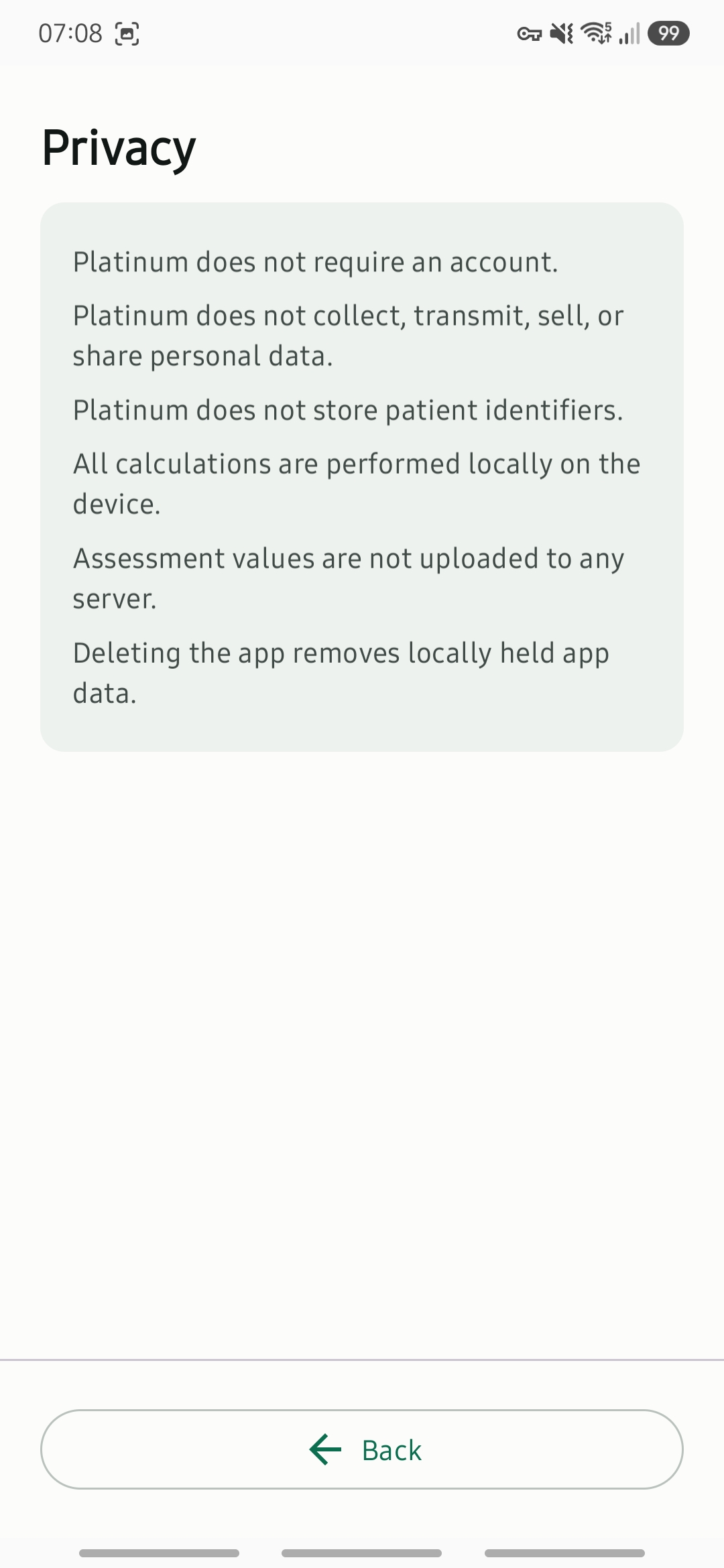 Privacy and About screen