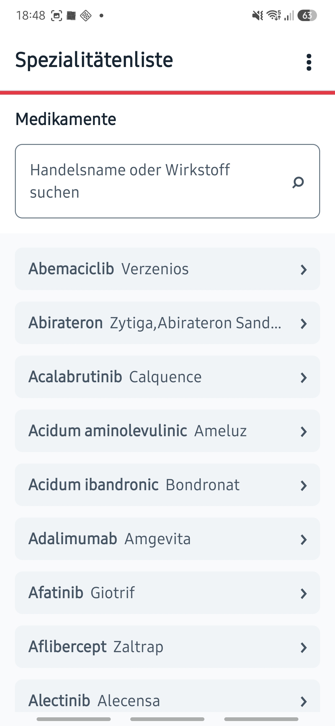 SL Finder medication list with search field