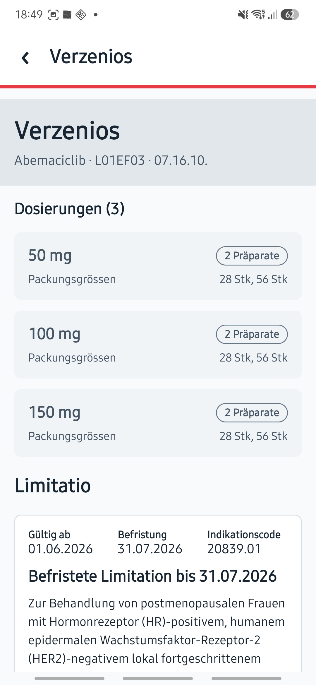 Medication detail with dosages, package sizes and Limitatio